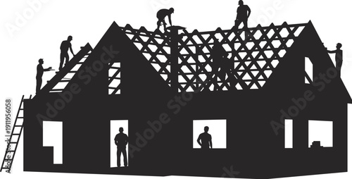 Black silhouette of construction workers building a house roof, professional team working on residential home frame, flat vector illustration isolated.