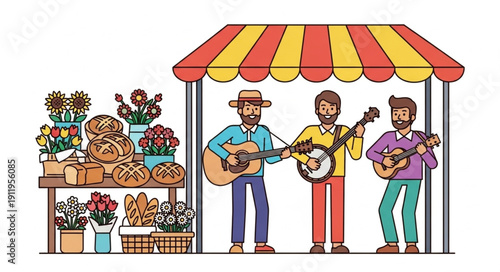 Three musicians performing under a colorful market stall awning.