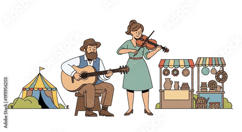 Man and woman playing guitar and violin together at outdoor market stall.