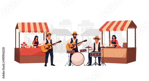 Street musicians performing at market stalls with guitars and drums.