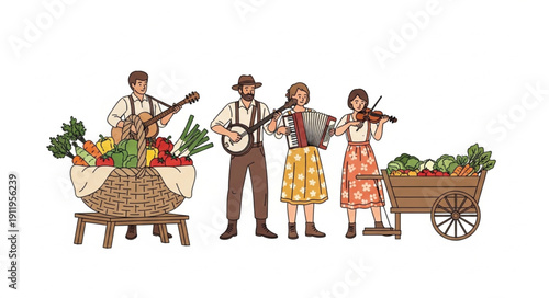 Farmers playing musical instruments with fresh produce carts.