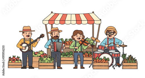 Cartoon musicians performing at a vibrant farmers market stall.