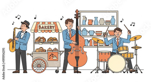 Three musicians playing instruments together in front of a bakery cart.