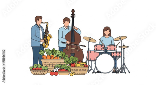 Three musicians playing jazz instruments surrounded by fresh produce.