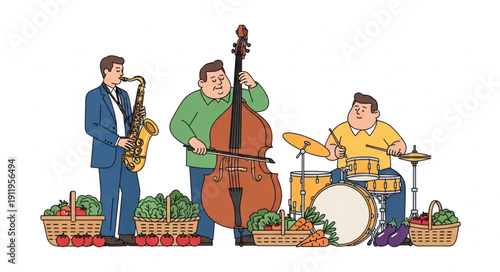 Three musicians playing jazz instruments surrounded by baskets of fresh produce.