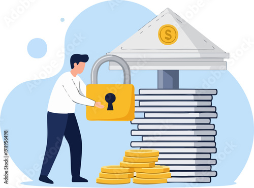Businessman securing large stack of money near building with padlock illustration