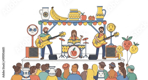 Vibrant cartoon illustration of a lively music festival with a stage and audience.