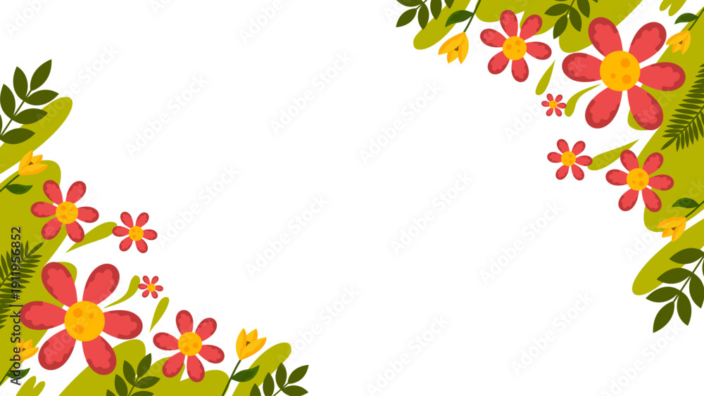 Fototapeta premium vibrant red and yellow wildflower corner border for colorful autumn greeting cards