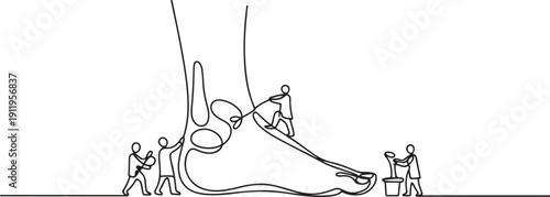 Podiatry as medicine brunch devoted to foot, leg, lower extremity and ankle tiny persons concept. one line Art icon drawing vector