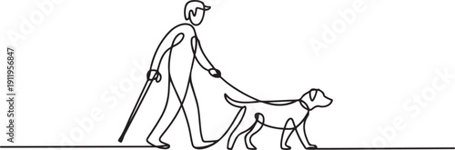 Blind man and guide dog. one line Art icon drawing