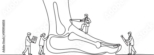 Podiatry as medicine brunch devoted to foot, leg, lower extremity and ankle tiny persons concept. one line Art icon drawing vector