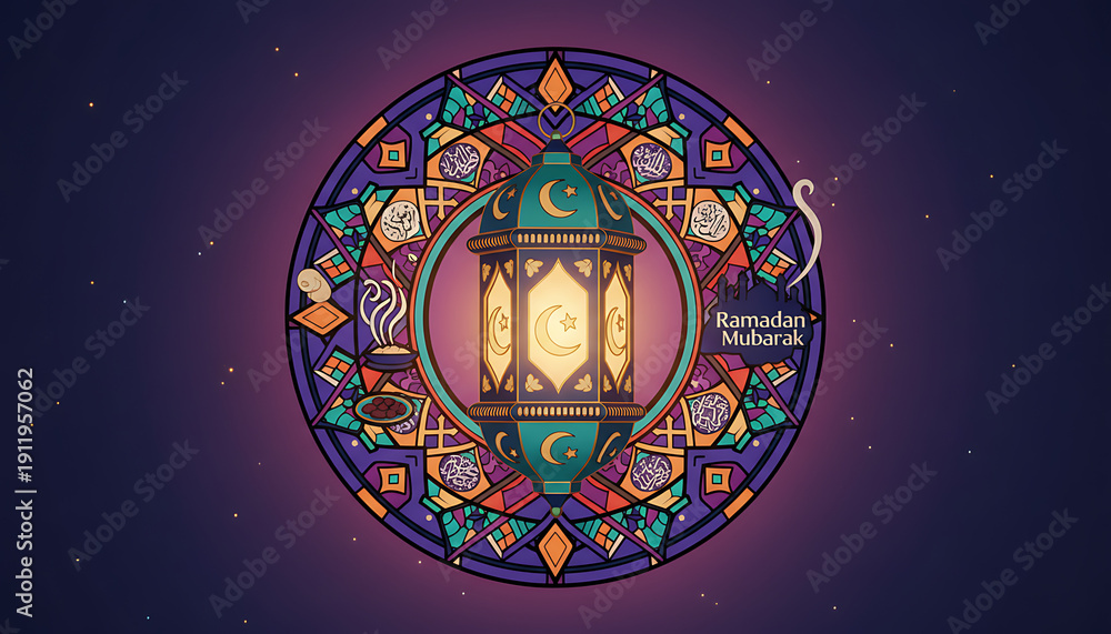 Obraz premium Ramadan Mubarak Islamic lantern, a beautiful stained glass art, cultural celebration, festive, illuminated, decorative, traditional, religious art, cultural motif