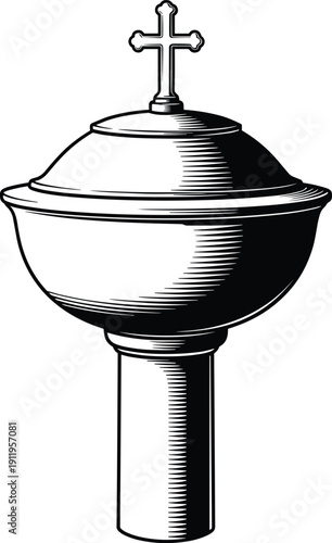 Silver baptismal font with cross lid for religious ceremonies