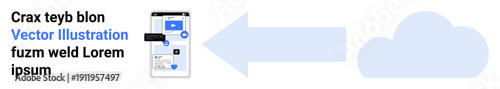 Data synchronization, cloud storage, file sharing, digital transformation, document management, online connectivity. Smartphone interface with an arrow pointing to a cloud icon. Data synchronization
