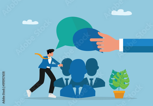 Business Leadership and Team Communication Illustration with Manager Guiding Group, Speech Bubbles