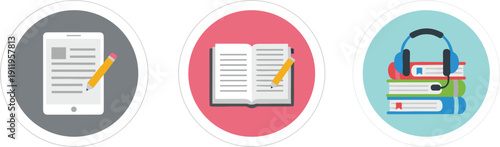 Digital Learning Icon Set Vector E-reader Tablet Open Notebook With Pencil And Audiobook Headphones On Stack Of Books