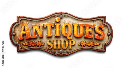 Vintage Antiques Shop sign isolated on white