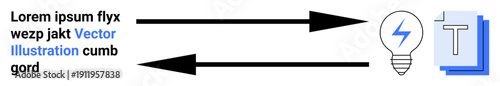 Data flow, content transfer, knowledge sharing, innovation, communication, digital processes. Black arrows interchanging between text and lightbulb ideas. Knowledge sharing and data flow concept