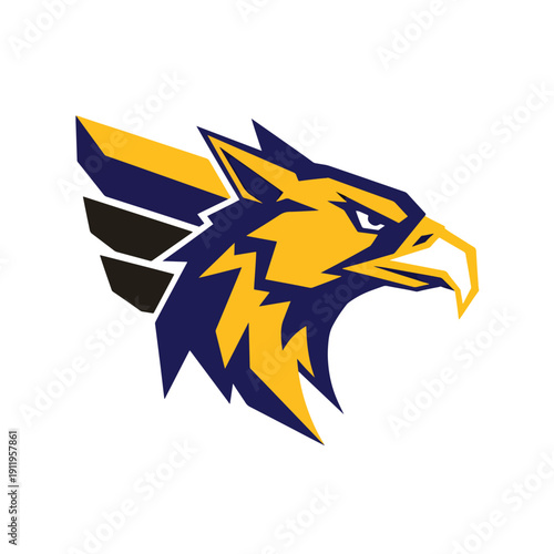 Dynamic stylized graphic illustration of a fierce bird of prey head in profile, representing power and speed.