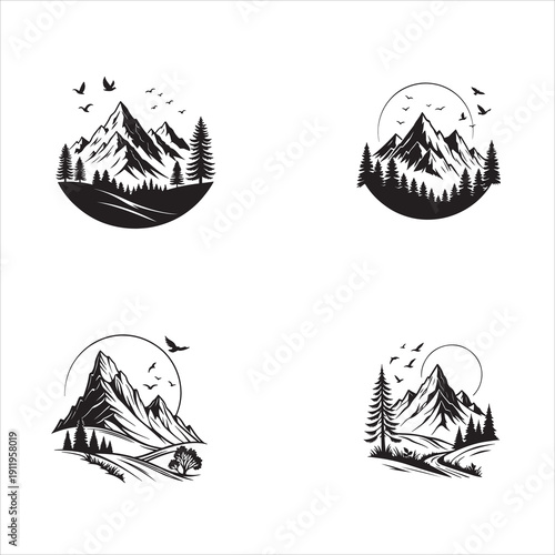 Set of vector icons featuring fishing boats and sailing yachts on ocean waves for nautical summer travel and sport logo design