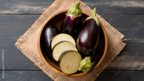 A wooden bowl filled with sliced and whole eggplants on a rustic table