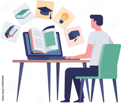 Student Learning Online With Books, Graduation Caps, and Lightbulb Idea Icons