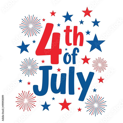 Vibrant 4th of july celebration graphic with stars and fireworks isolated on white background