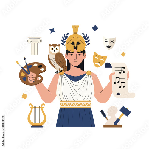 Conceptual vector graphic depicting a classical figure surrounded by symbols of diverse arts and culture