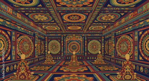 Seated figures meditating in colorful sacred interior space.