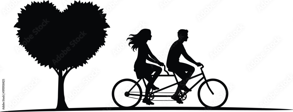 Obraz premium “Silhouette of couple riding tandem bicycle beside heart shaped tree symbolizing love, companionship, romance, shared journey, and emotional connection”