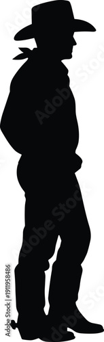 “Silhouette of cowboy figure with wide brim hat, neckerchief, boots, spurs symbolizing Western culture, ranching, frontier lifestyle, and independence”