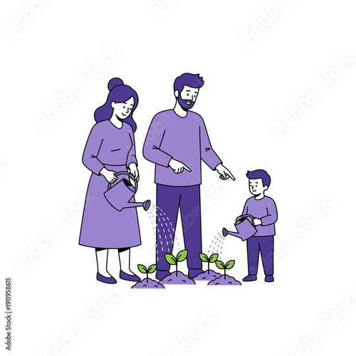 Family of three gardening together outdoors with watering cans.