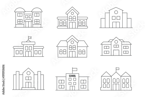 School Building Icon Set Flat Vector Education Symbols Pack Isolated on White Background.eps10