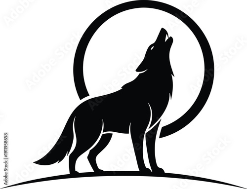 “Silhouette of howling wolf on curved ground with moon backdrop symbolizing wilderness, nocturnal nature, strength, freedom, and iconic wildlife”
