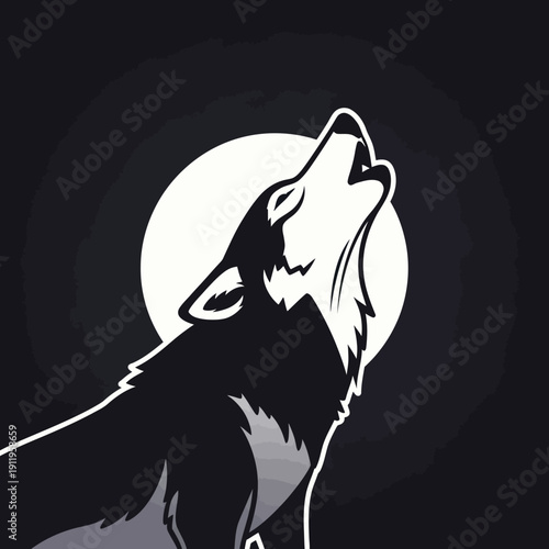 Black and white illustration of a wolf howling at the moon.