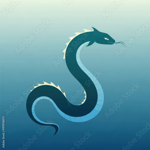 Stylized illustration of a serpent in deep blue waters.