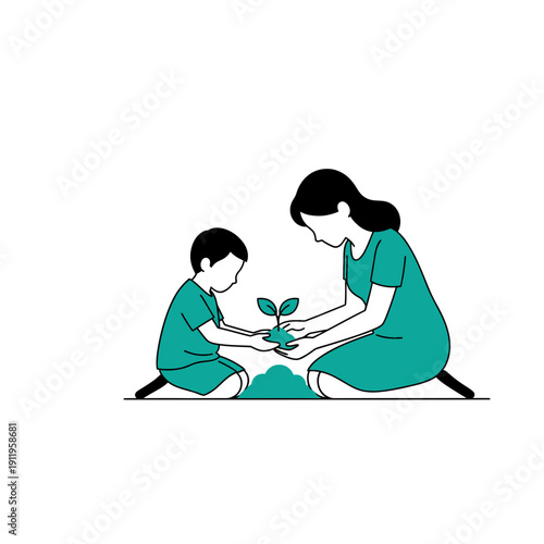 Mother and child nurturing a young plant together.