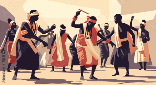 Traditional African spiritual dance ritual in desert landscape.