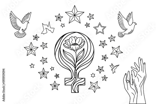 A confident businesswoman raises her arms in triumph against a vibrant sunset backdrop, symbolizing achievement and corporate success in a sleek office environment.