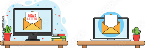 Digital Newsletter Subscription Icon Set Vector Desktop Monitor And Laptop On Desk With Email Message And Plants