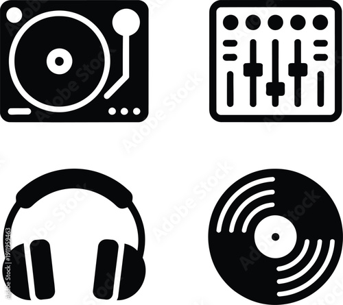 DJ and music production icons turntable, mixer, headphones, and vinyl record, in silhouette.