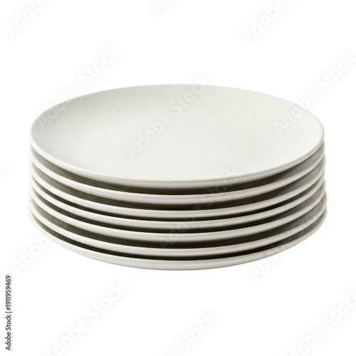 Stack of white speckled dinner plates