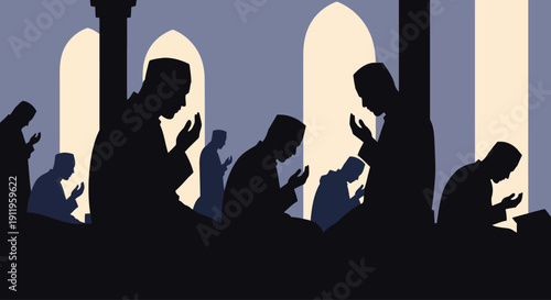 Silhouettes of men kneeling for evening prayer in a mosque.