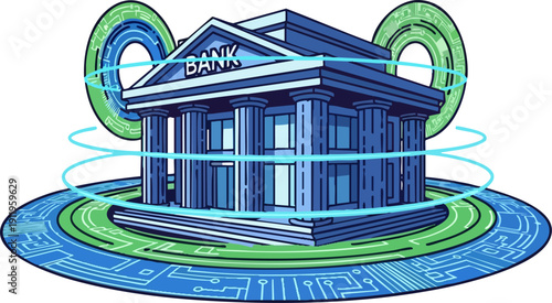 Futuristic digital banking concept showing secure transaction processing around institution