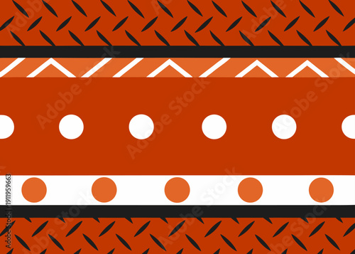 Abstract geometric pattern with orange background featuring horizontal bands of dots and lines