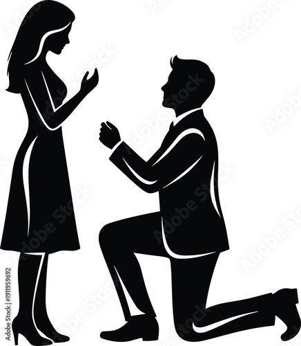 “Romantic Silhouette Illustration of Man Proposing to Woman, Love, Engagement and Relationship Theme Artwork for Stock Art and Commercial Success”