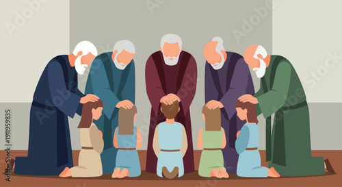 Elders blessing younger generation at a religious gathering.
