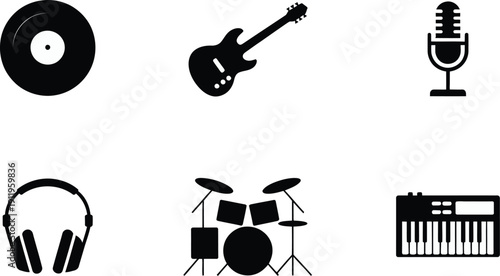 Modern music icons set vinyl record, electric guitar, microphone, headphones, drum set, keyboard.