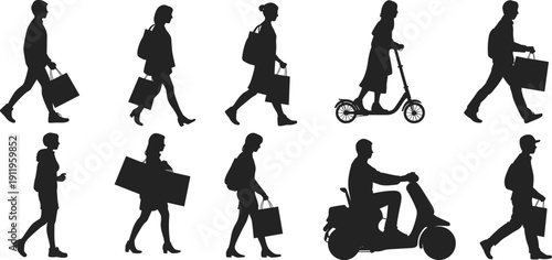 Shopping people silhouettes set with men and women carrying bags, walking pedestrians, scooter and bike riders, isolated on white background urban lifestyle illustration.