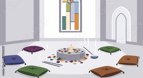 Calm sacred space with incense and cushions after a ceremony.